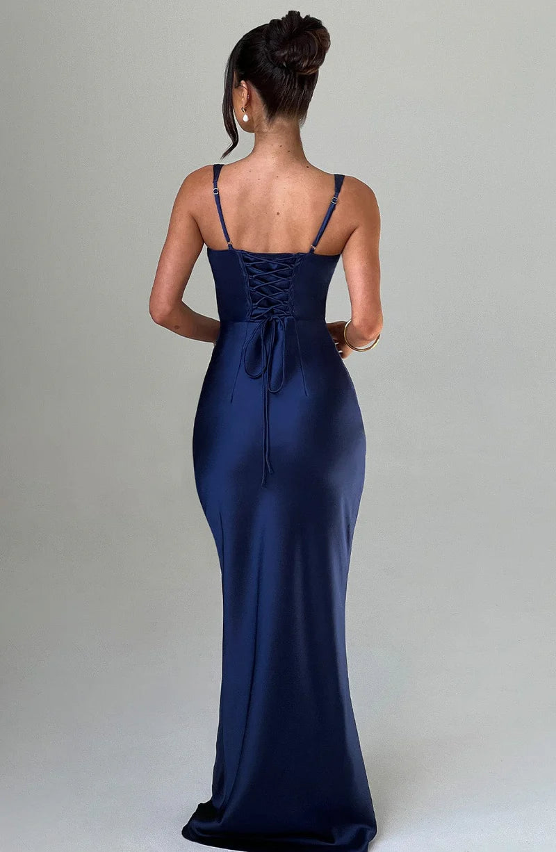 Sleek Fitted V Neck Satin Sleeveless Maxi Gown Corset Evening Dress