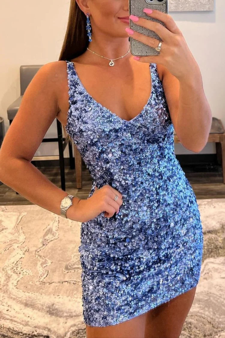 Sleek Fitted V Neck Sequin Velvet Short Cutout Homecoming Dress