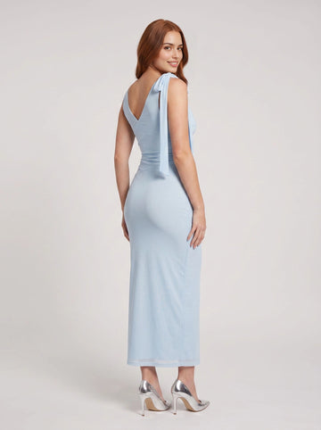 Dusty blue sheath midi wedding guest dress v‑neck sleeveless shoulder bow deep v back formal gown by Vedress
