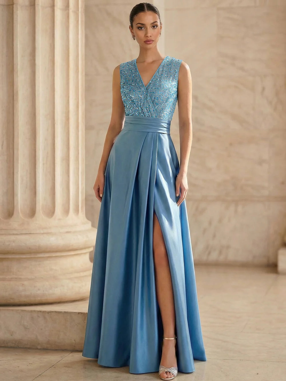 Vestidos de Noche Formales sin Mangas con Lentejuelas, Cuello en V, Corte Evasé y Abertura Alta