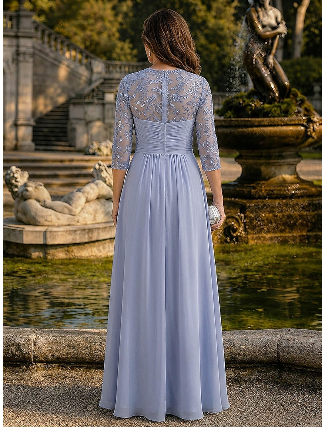 Sweetheart Neckline Beaded Illusion Three-Quarter Sleeve Chiffon A-Line Floor-Length Mother of the Bride Dress