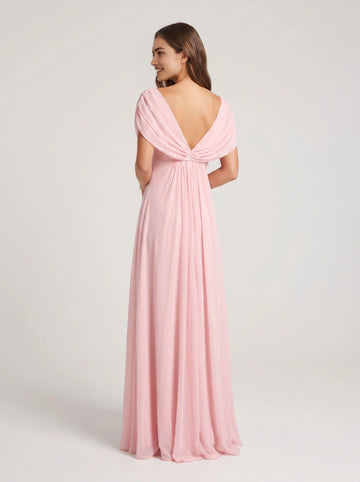 Back view of Vedress blush deep‑v back chiffon bridesmaid gown, gathered twisted back detail