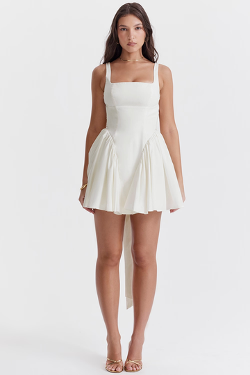 Ivory Romantic Bow Mini Dress soft square sleeveless open back bow Homecoming dress