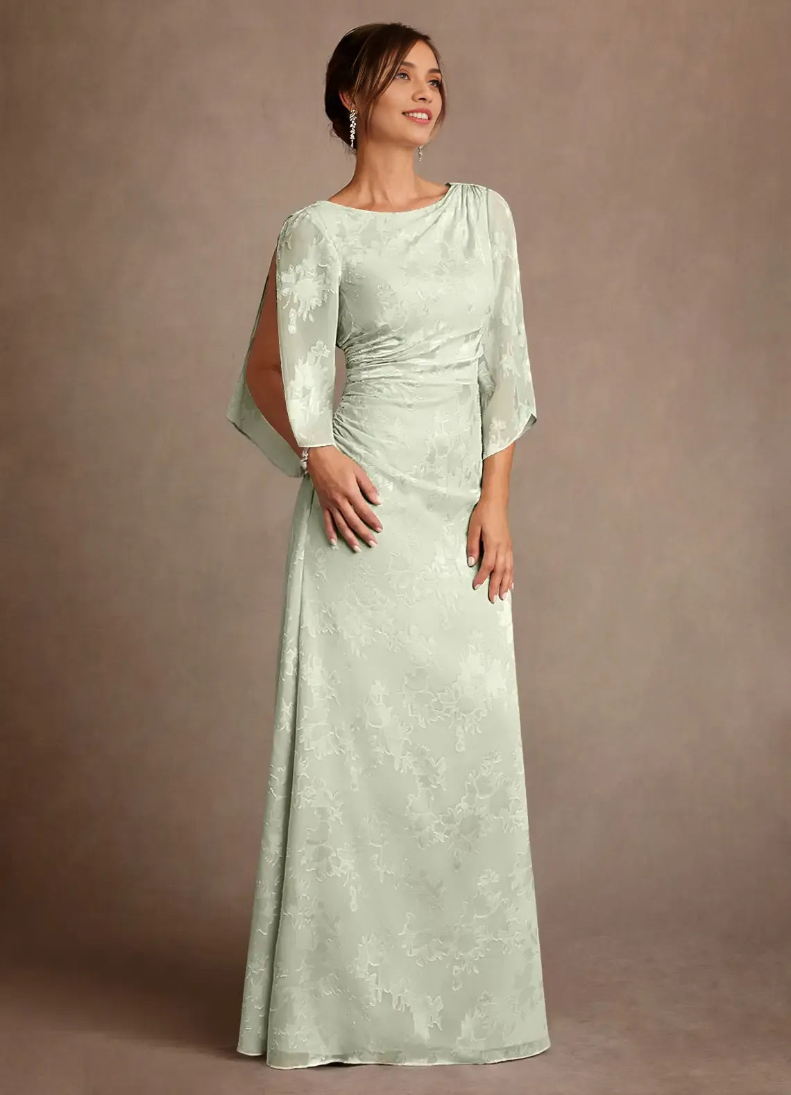 Sophisticated Bateau Neck Jacquard Floor-length Mother of the Bride Dress Cowl-back Ruched Evening Gown