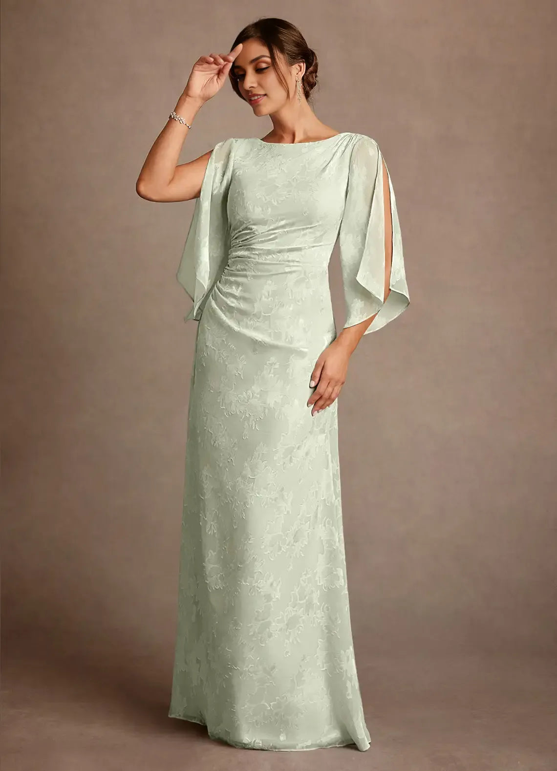 Sophisticated Bateau Neck Jacquard Floor-length Mother of the Bride Dress Cowl-back Ruched Evening Gown