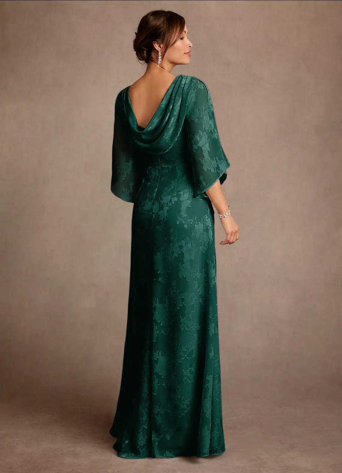 Sophisticated Bateau Neck Jacquard Floor-length Mother of the Bride Dress Cowl-back Ruched Evening Gown