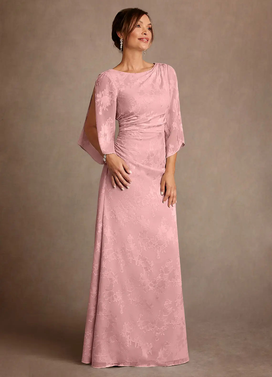 Sophisticated Bateau Neck Jacquard Floor-length Mother of the Bride Dress Cowl-back Ruched Evening Gown