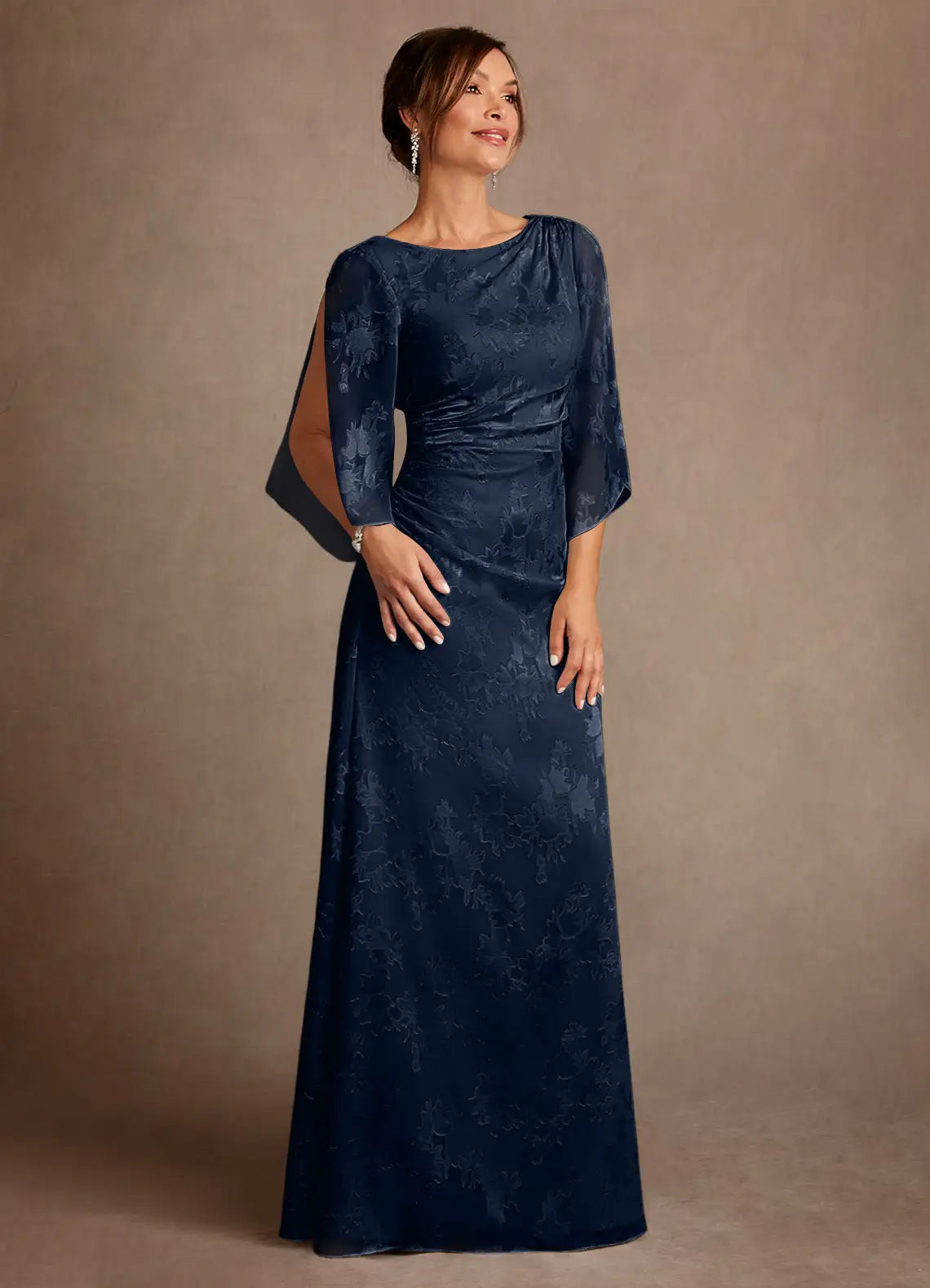 Sophisticated Bateau Neck Jacquard Floor-length Mother of the Bride Dress Cowl-back Ruched Evening Gown