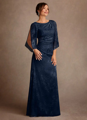Sophisticated Bateau Neck Jacquard Floor-length Mother of the Bride Dress Cowl-back Ruched Evening Gown
