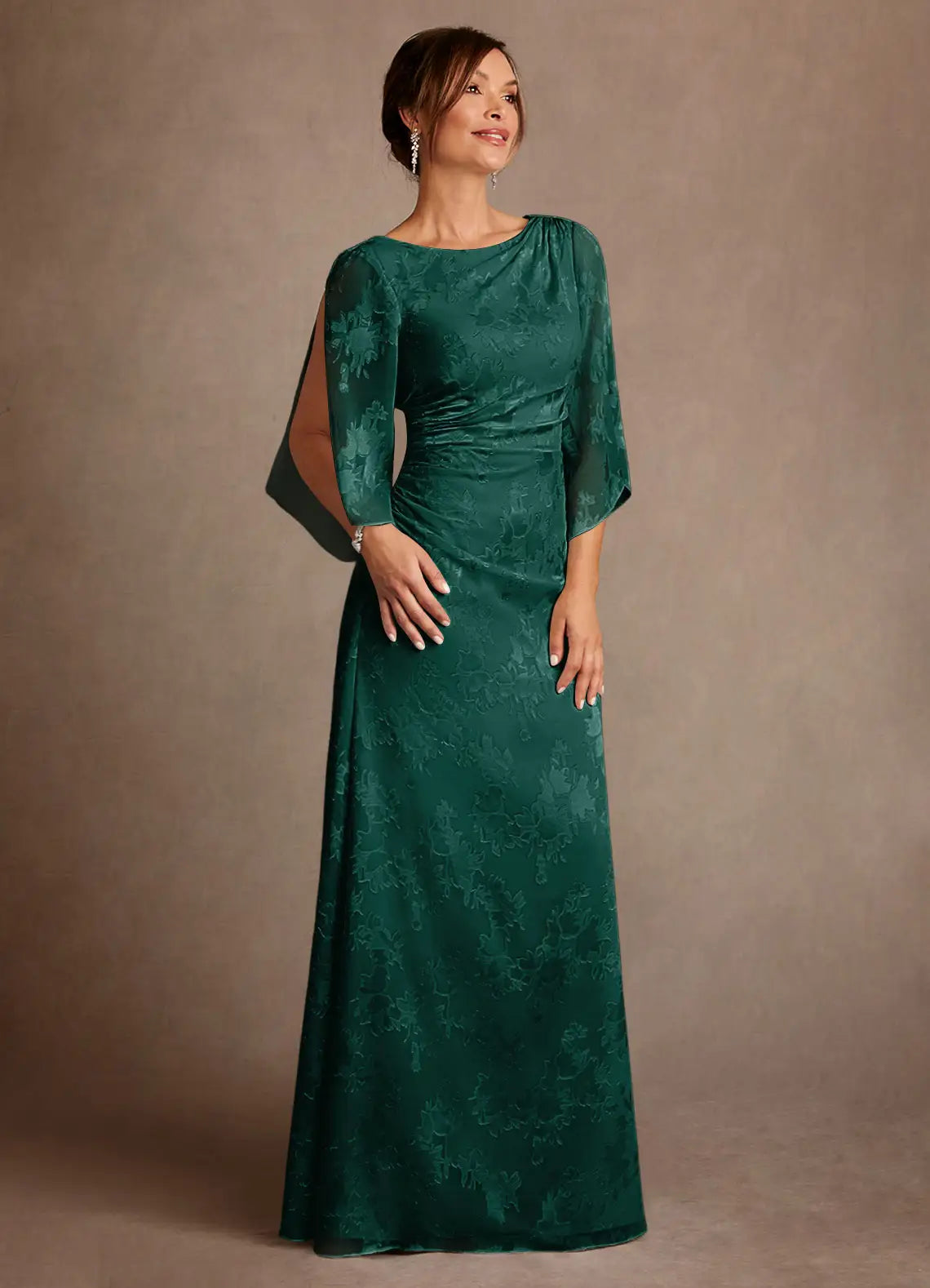 Sophisticated Bateau Neck Jacquard Floor-length Mother of the Bride Dress Cowl-back Ruched Evening Gown