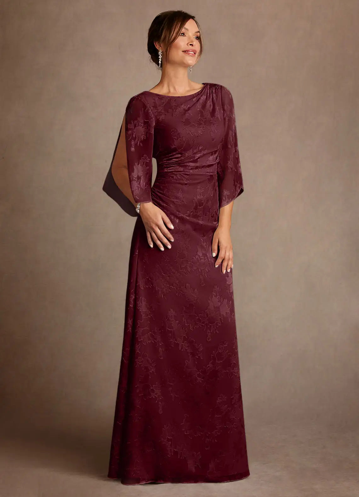 Sophisticated Bateau Neck Jacquard Floor-length Mother of the Bride Dress Cowl-back Ruched Evening Gown