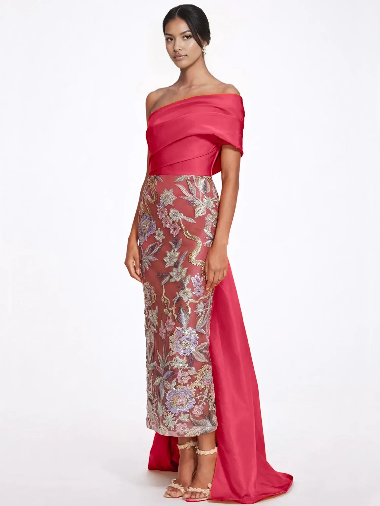 Sophisticated Column One-Shoulder Sleeveless Embroidered Floor-Length Statement Bow Evening Gown