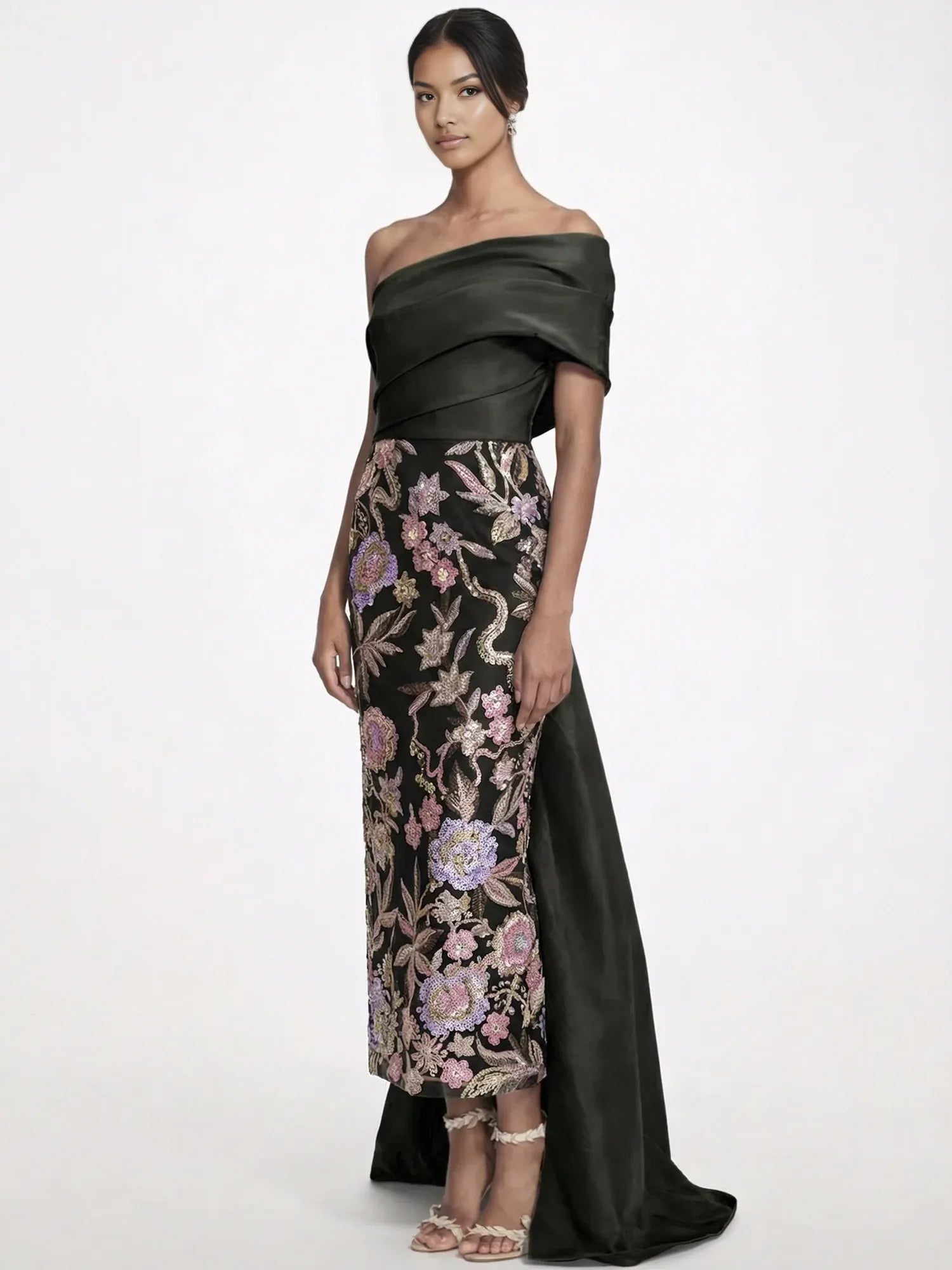 Sophisticated Column One-Shoulder Sleeveless Embroidered Floor-Length Statement Bow Evening Gown