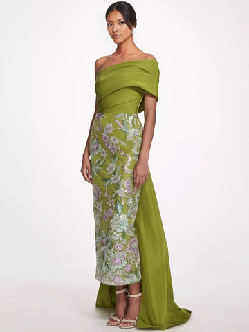 Sophisticated Column One-Shoulder Sleeveless Embroidered Floor-Length Statement Bow Evening Gown