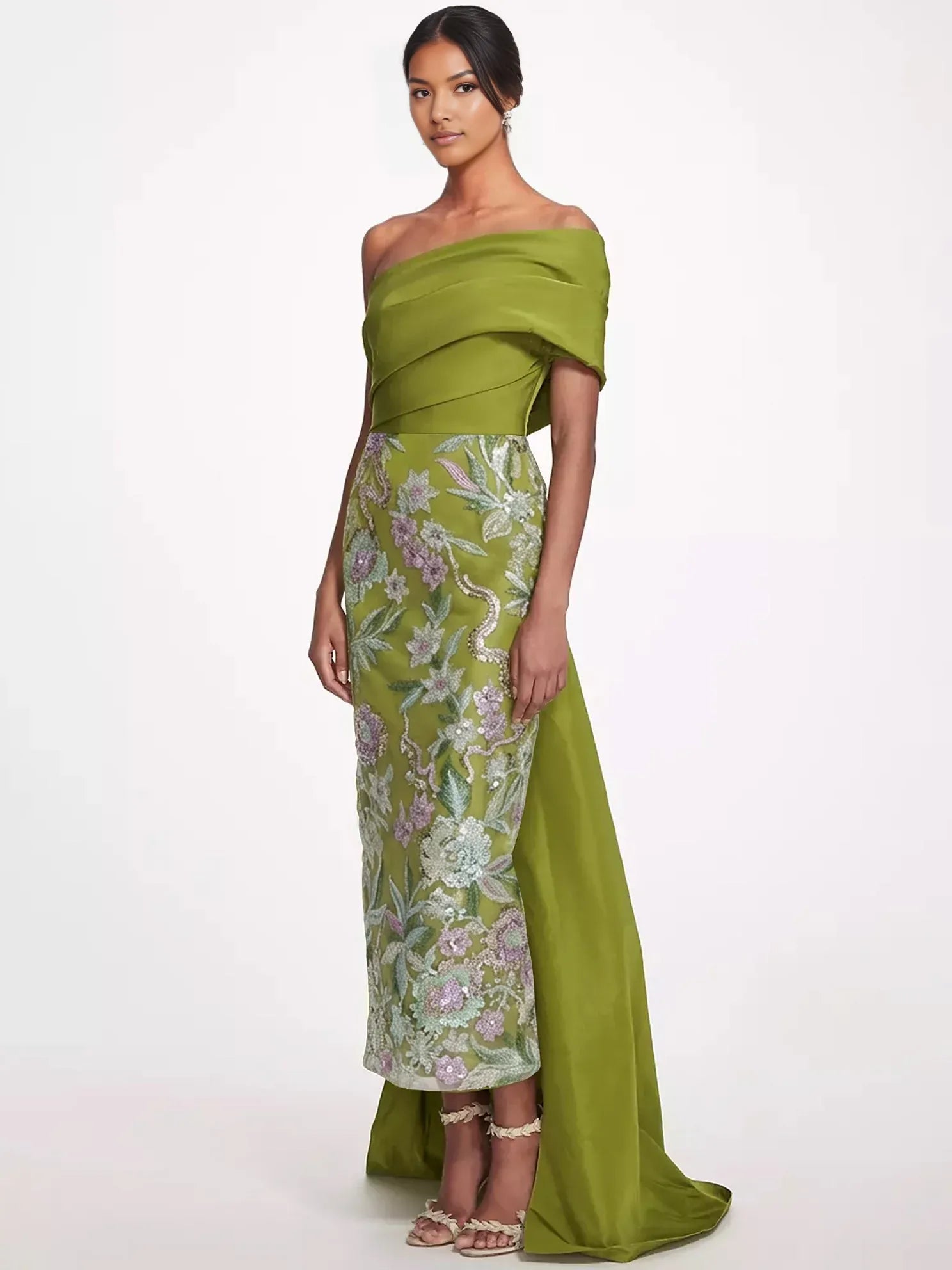 Sophisticated Column One-Shoulder Sleeveless Embroidered Floor-Length Statement Bow Evening Gown