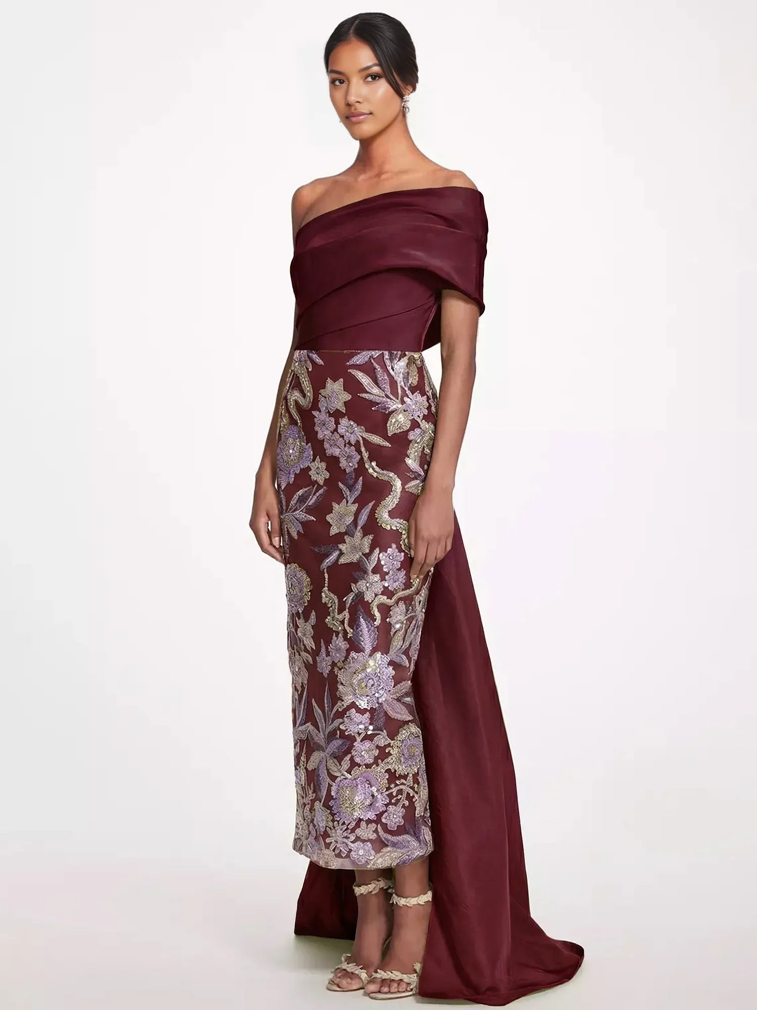 Sophisticated Column One-Shoulder Sleeveless Embroidered Floor-Length Statement Bow Evening Gown
