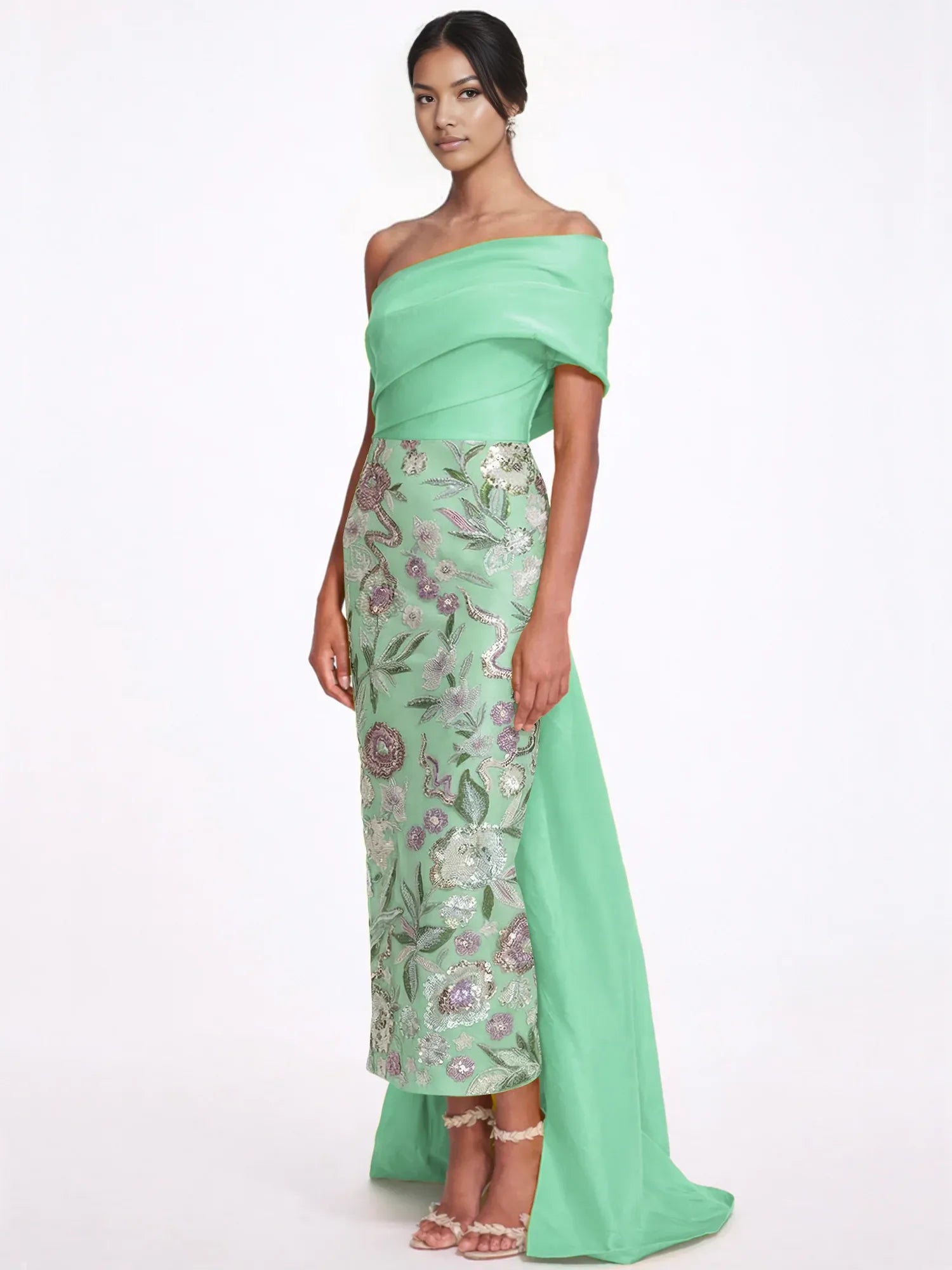 Sophisticated Column One-Shoulder Sleeveless Embroidered Floor-Length Statement Bow Evening Gown