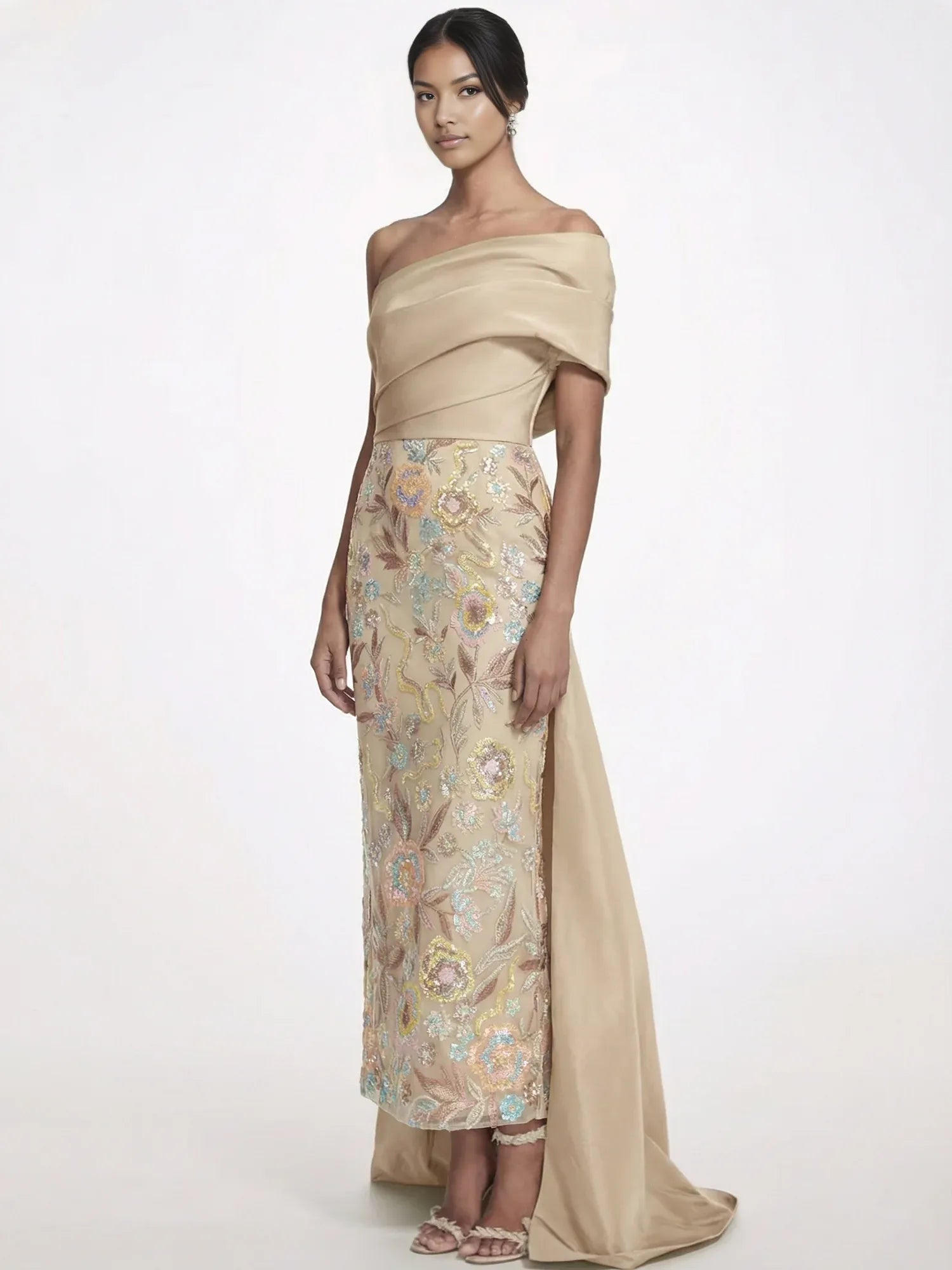 Sophisticated Column One-Shoulder Sleeveless Embroidered Floor-Length Statement Bow Evening Gown