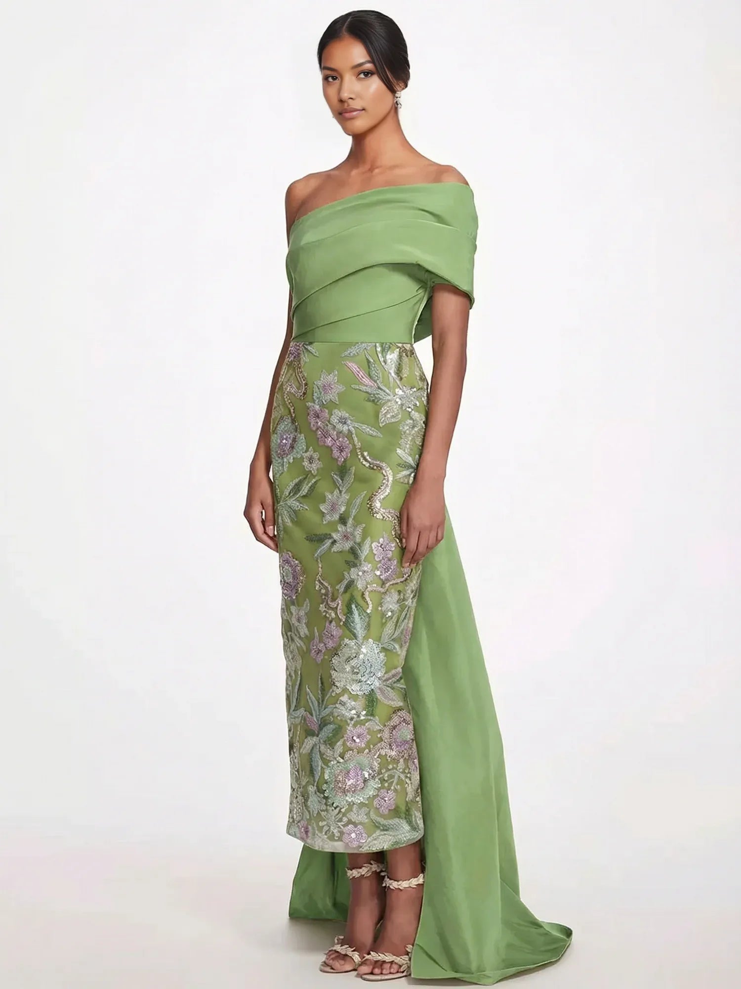 Sophisticated Column One-Shoulder Sleeveless Embroidered Floor-Length Statement Bow Evening Gown