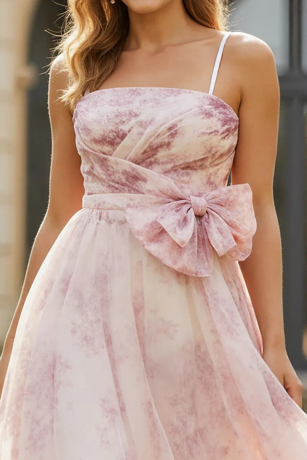A-Line Floral Spaghetti Strap Lace Up Back Prom Dress With Bow