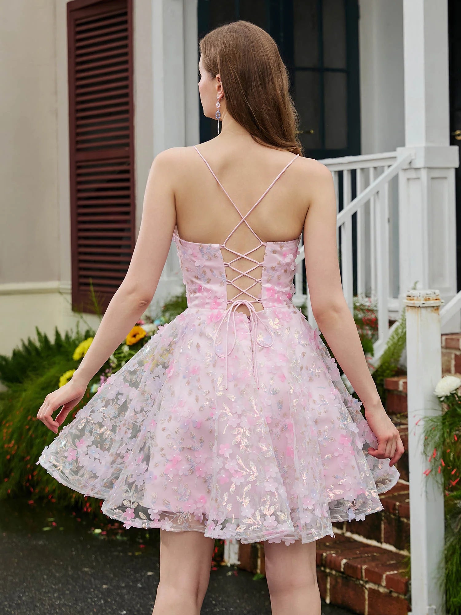 Spaghetti Strap Plunging V Neck 3D Floral Applique Short Homecoming Dress