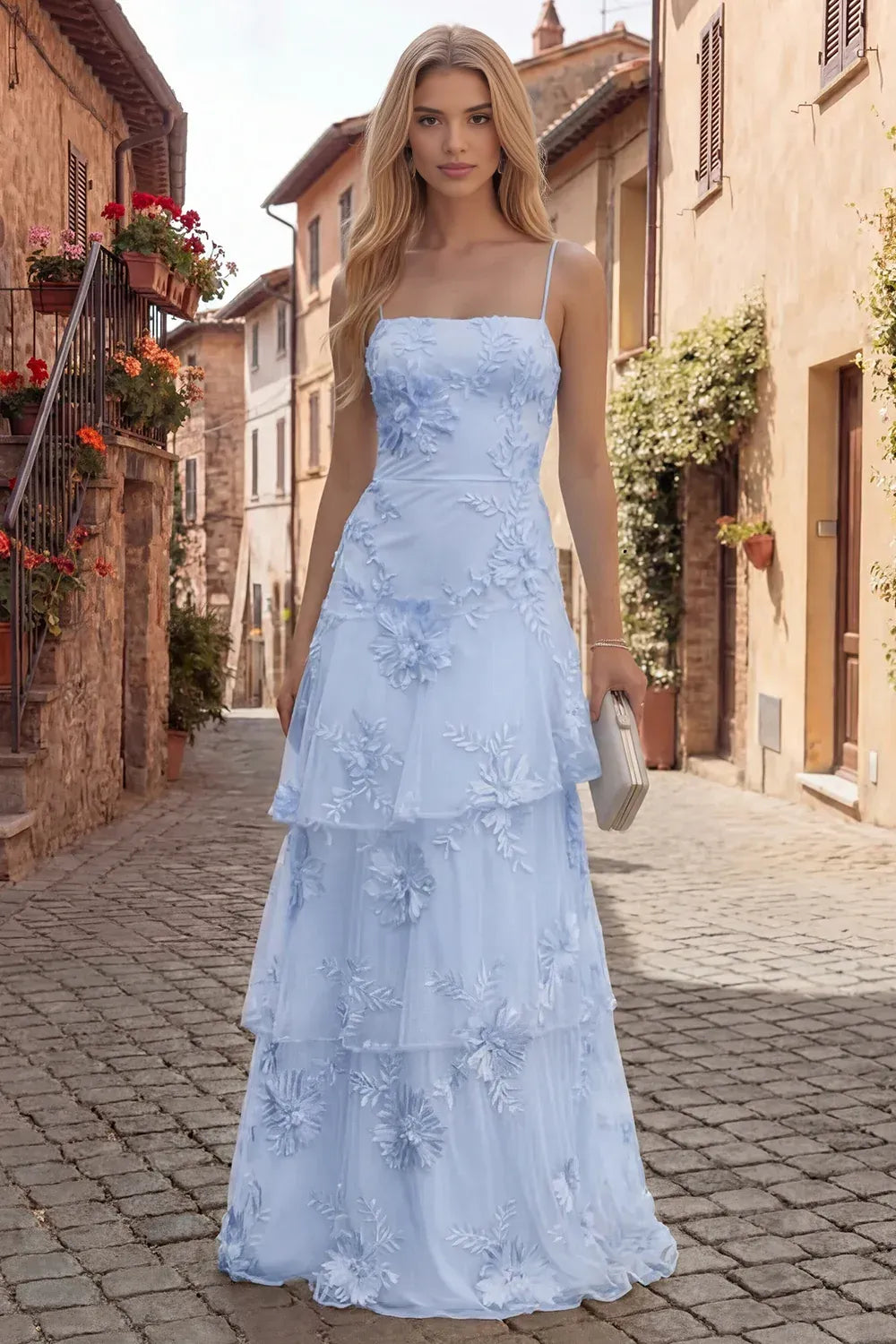 A-Line Tiered Ruffle Square Neck Spaghetti Strap Floor Length Prom Dress