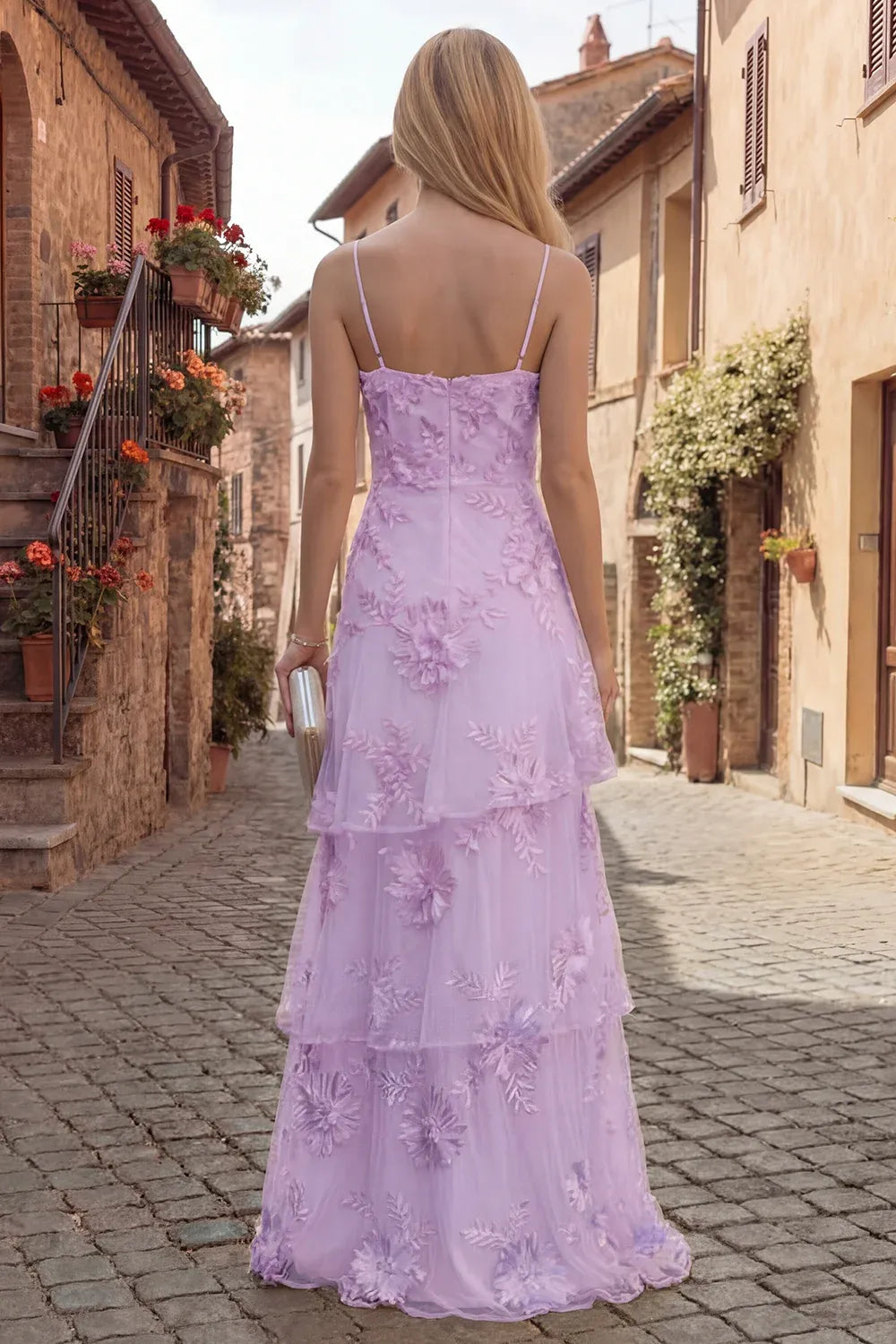 A-Line Tiered Ruffle Square Neck Spaghetti Strap Floor Length Prom Dress
