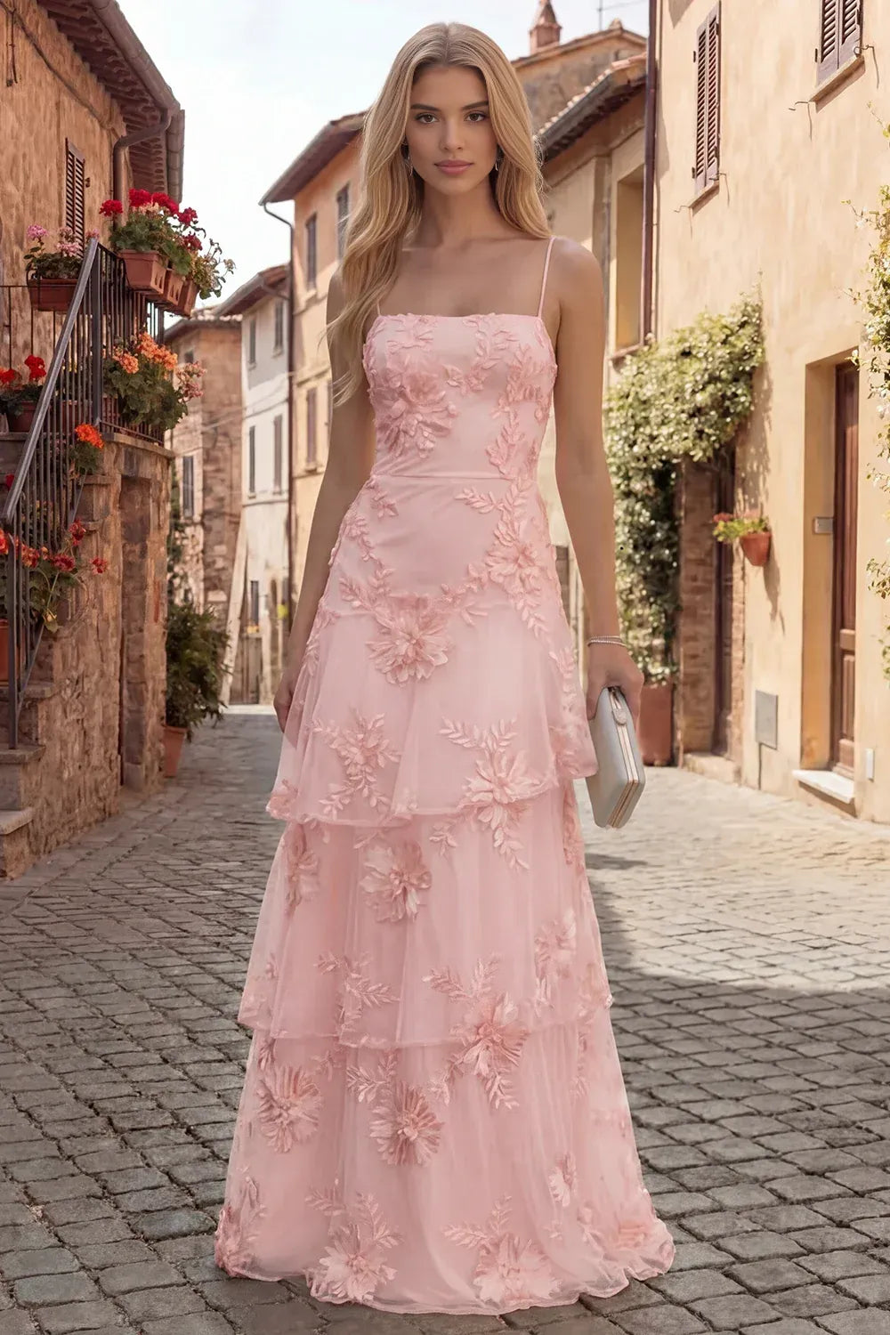 A-Line Tiered Ruffle Square Neck Spaghetti Strap Floor Length Prom Dress