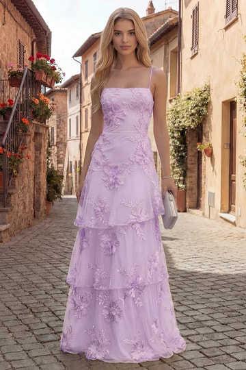 A-Line Tiered Ruffle Square Neck Spaghetti Strap Floor Length Prom Dress
