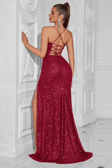 Sparkling mermaid prom dress with crisscross straps and lace up open back