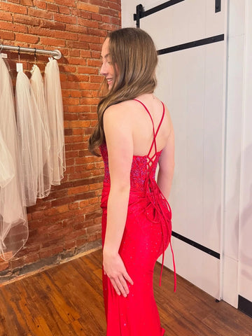 Mermaid prom dress with crisscross straps and lace-up open back