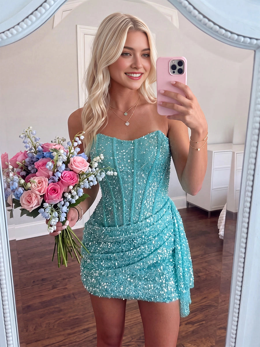 Vedress mint sequin corset mini homecoming dress, sweetheart strapless neck, draped side sash, sheath short party gown