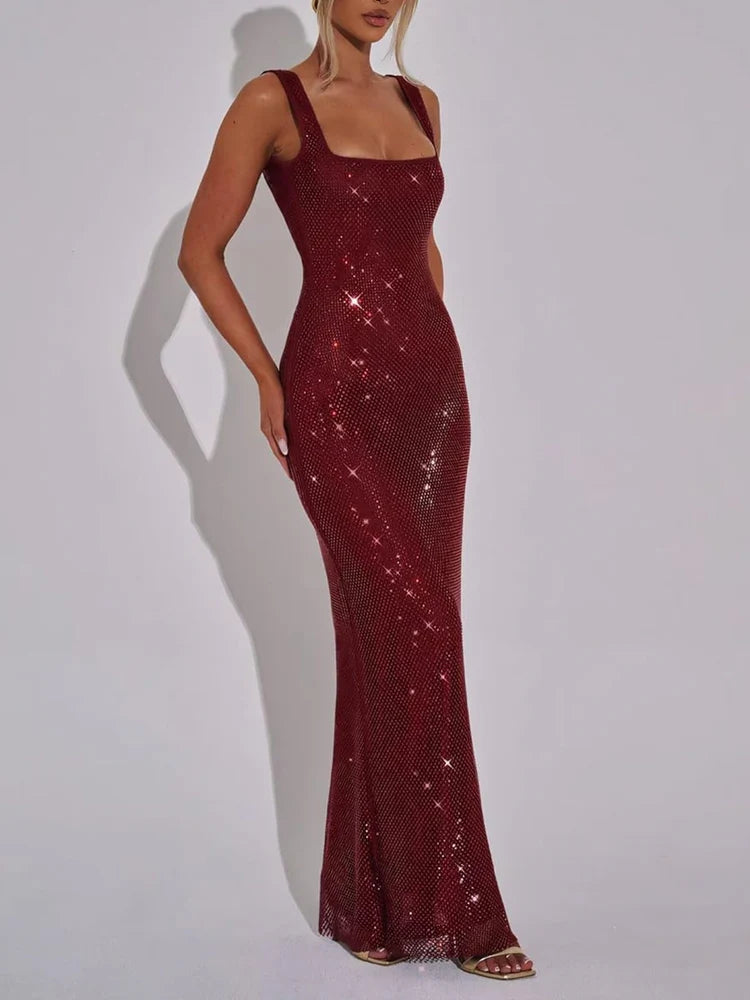 Mermaid Sparkling Square Neck Maxi Dress Party Dress With Open Back