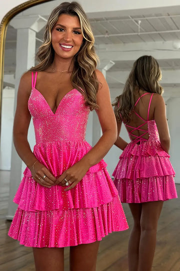 Sparkly A-Line V-Neck Spaghetti-Strap Short Tiered Lace-Up Homecoming Dress