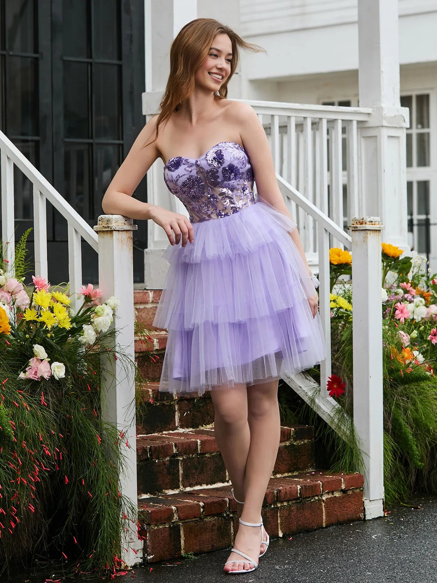 Sparkly Sequin A-line Sweetheart Strapless Tulle Mini Tiered Mesh Corset Homecoming Dress