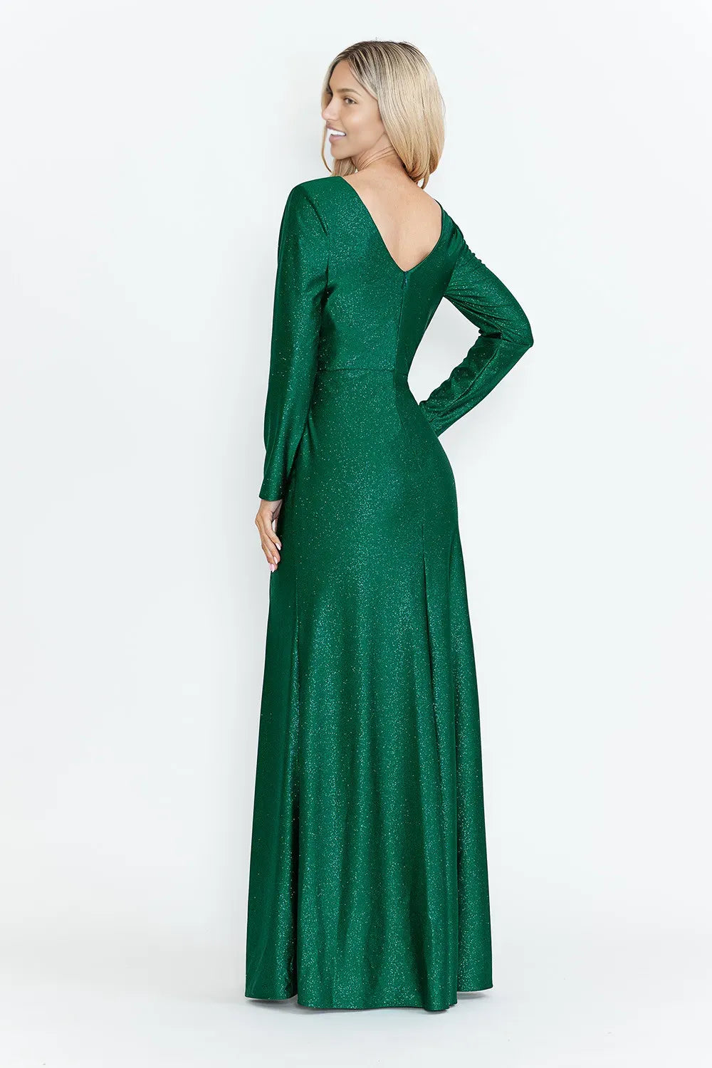 Sparkly Sheath V-neck Long Sleeve Shimmer Floor-length Ruched Slit Evening Dress