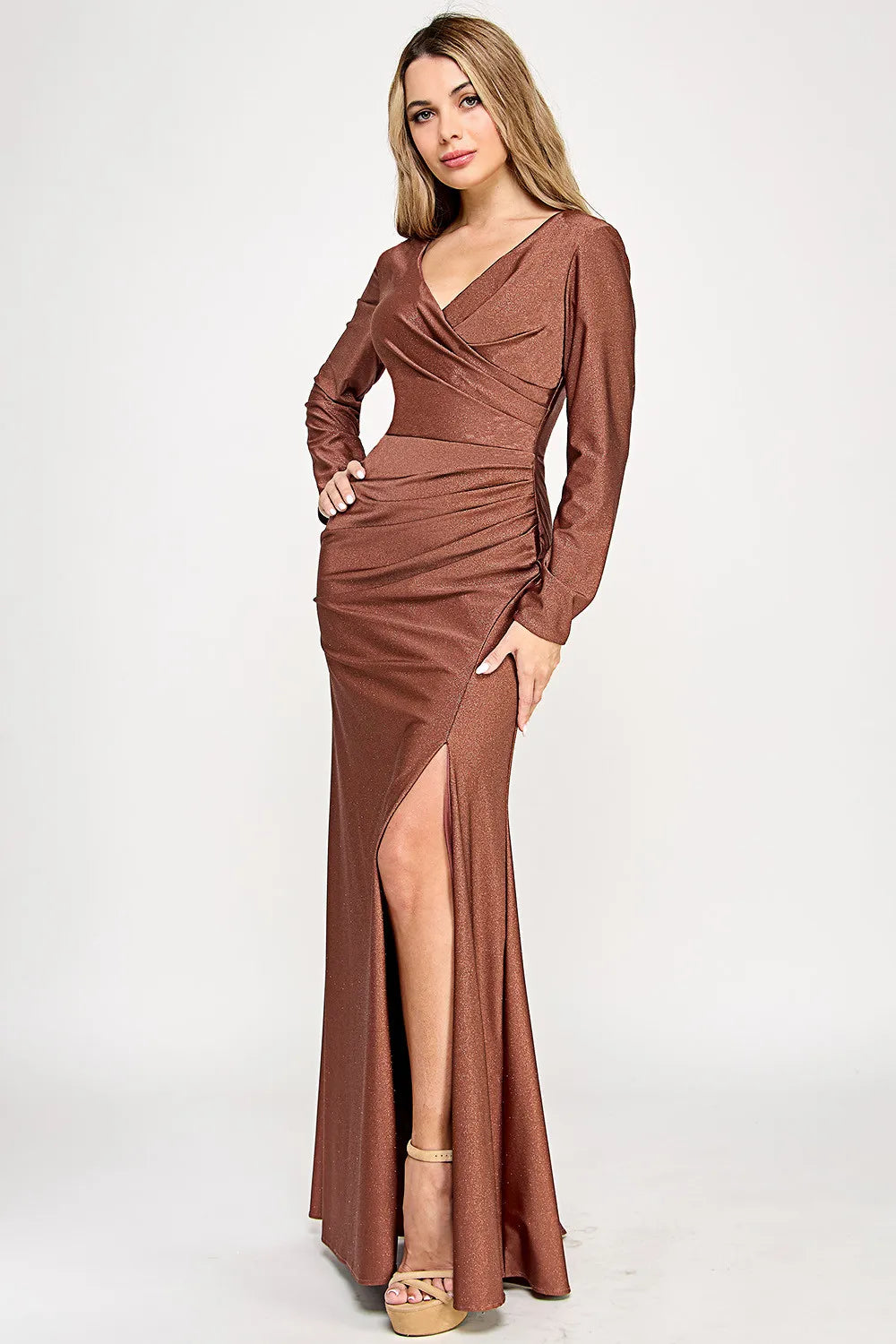 Sparkly Sheath V-neck Long Sleeve Shimmer Floor-length Ruched Slit Evening Dress