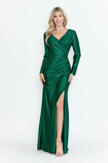 Sparkly Sheath V-neck Long Sleeve Shimmer Floor-length Ruched Slit Evening Dress