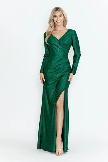 Sparkly Sheath V-neck Long Sleeve Shimmer Floor-length Ruched Slit Evening Dress