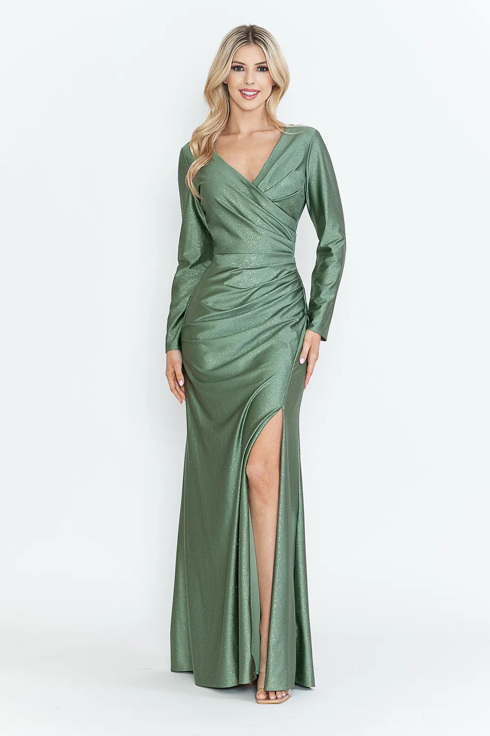 Sparkly Sheath V-neck Long Sleeve Shimmer Floor-length Ruched Slit Evening Dress