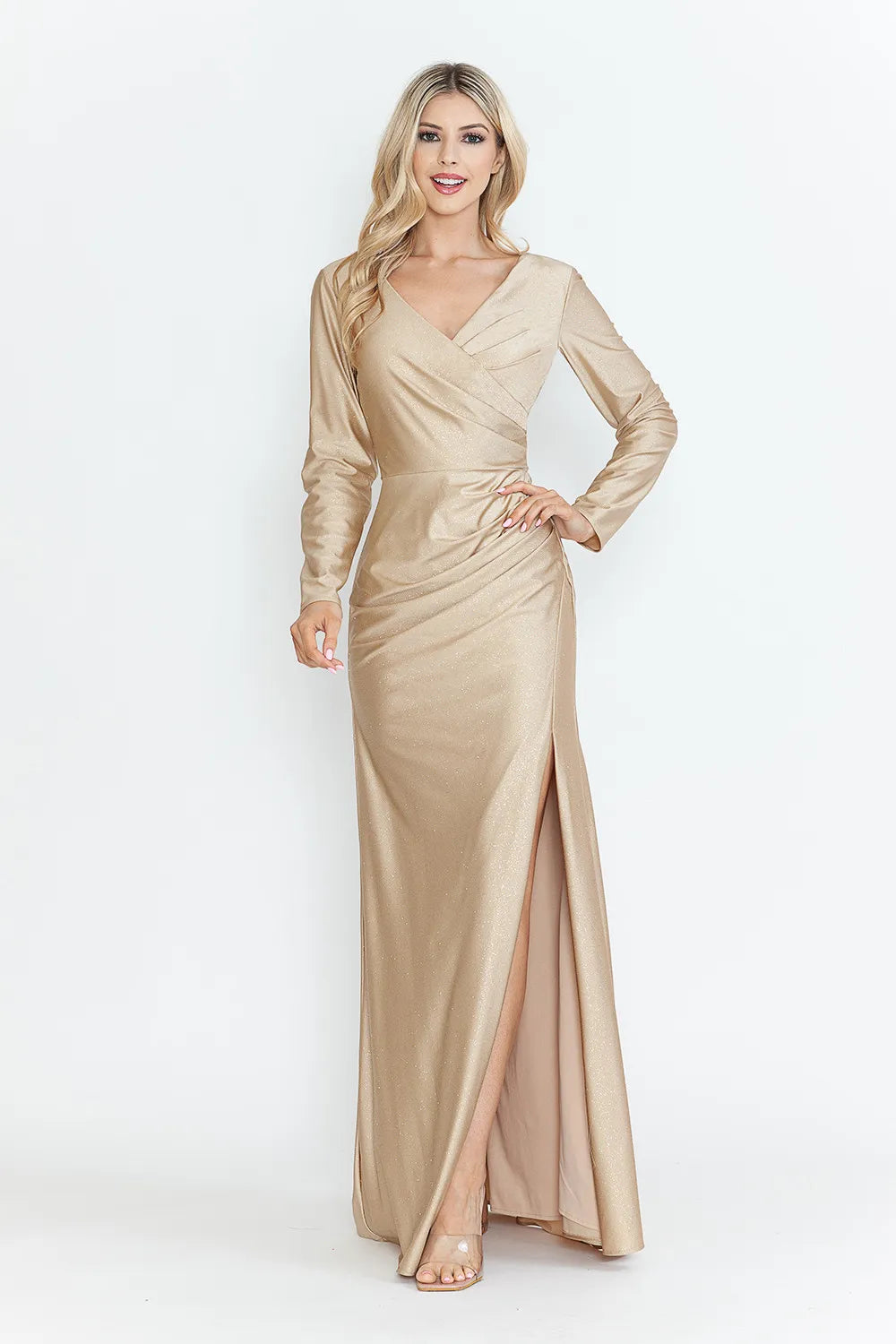 Sparkly Sheath V-neck Long Sleeve Shimmer Floor-length Ruched Slit Evening Dress