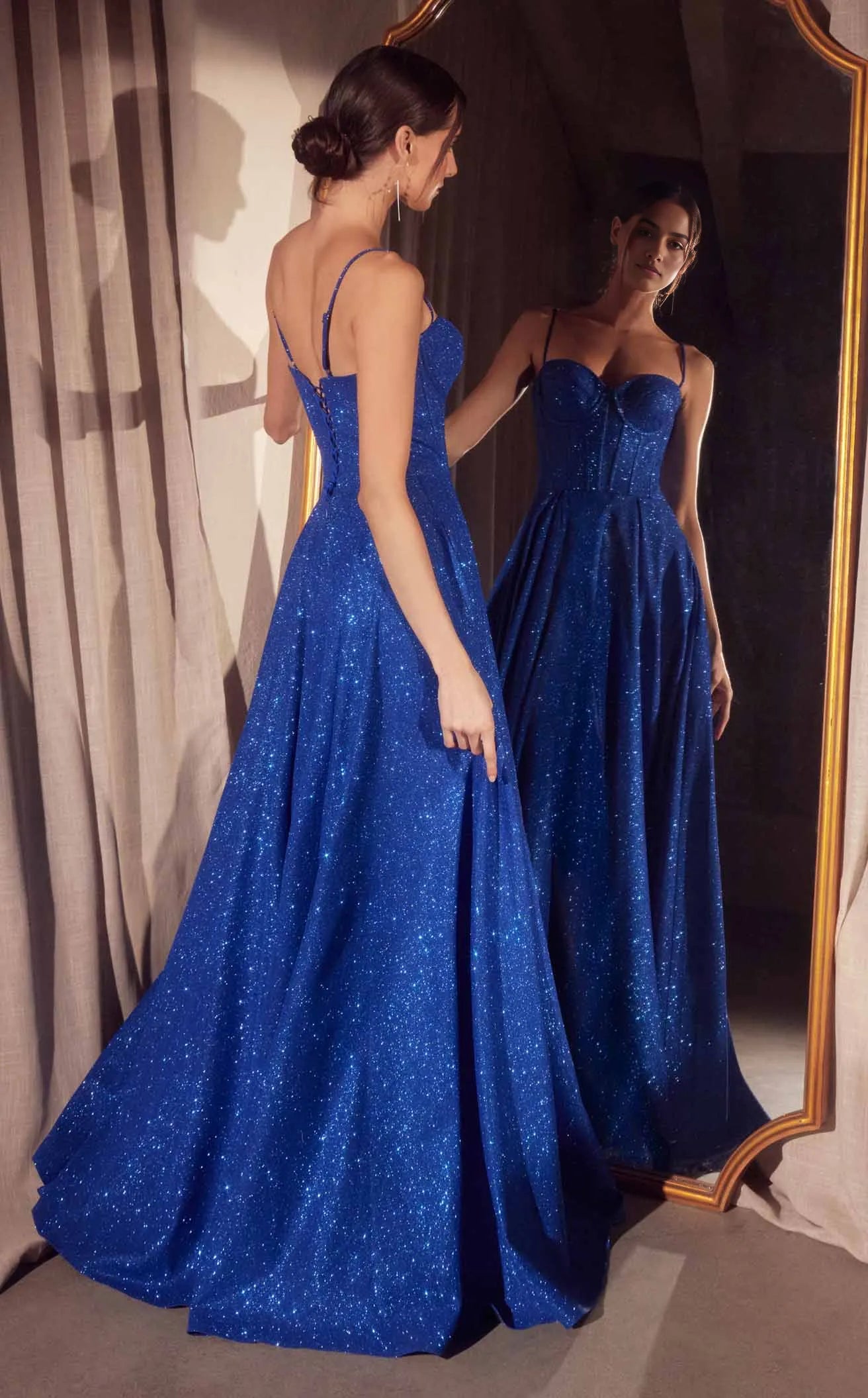 Sparkly A‑Line Sweetheart Spaghetti‑Strap Lace‑Up‑Back Long Prom Gown