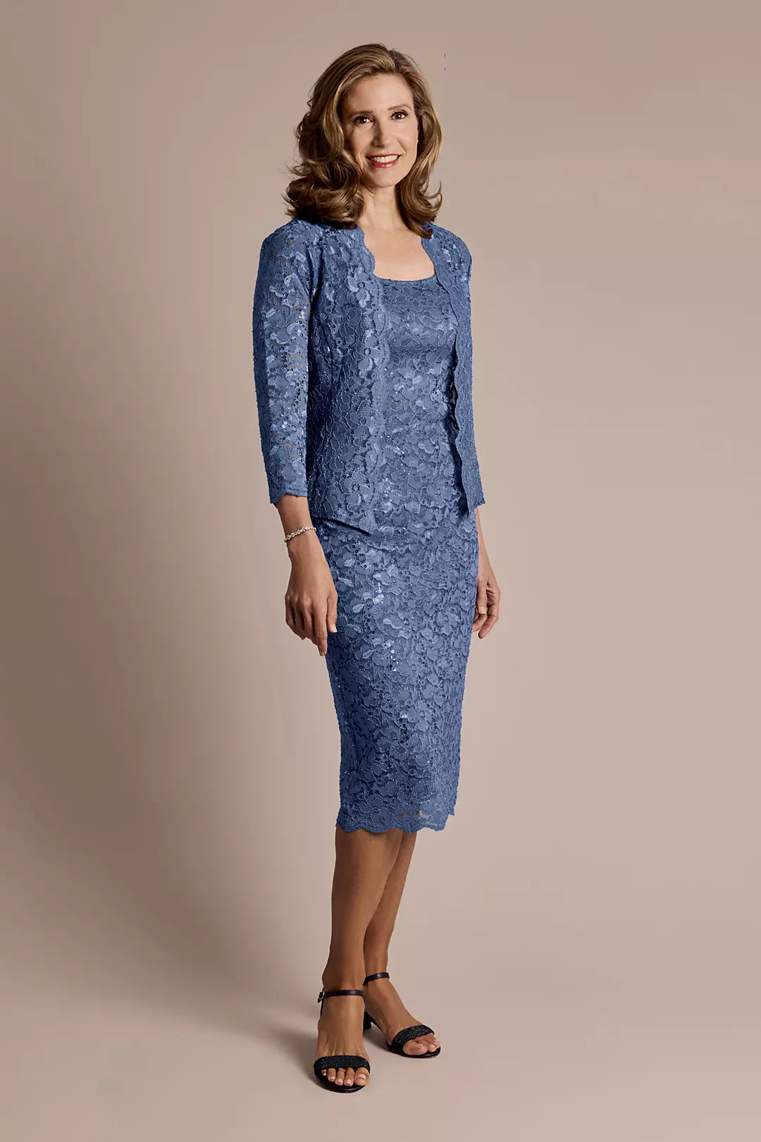 Elegant Sheath Square Neck Lace Two Piece knee Length Mother of the Bride Dress