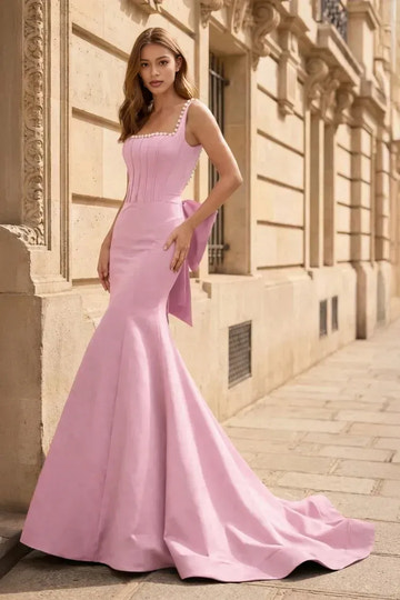Mermaid Sati Square Neck Sleeveless With Bow Pearl Details Floor Length Prom Dress