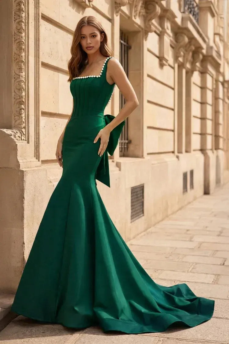 Vestido de Noche Sirena con Escote Cuadrado sin Mangas, Detalles de Lazo y Perlas, Largo hasta el Suelo