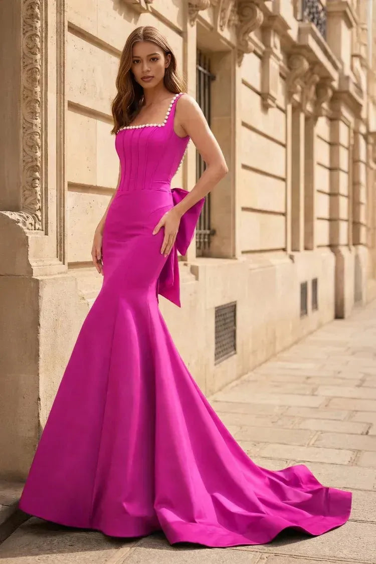 Vestido de Noche Sirena con Escote Cuadrado sin Mangas, Detalles de Lazo y Perlas, Largo hasta el Suelo