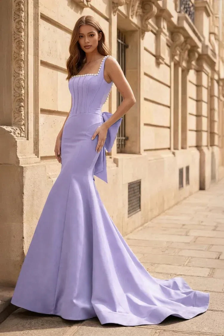 Vestido de Noche Sirena con Escote Cuadrado sin Mangas, Detalles de Lazo y Perlas, Largo hasta el Suelo