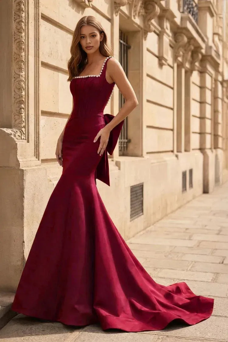 Vestido de Noche Sirena con Escote Cuadrado sin Mangas, Detalles de Lazo y Perlas, Largo hasta el Suelo