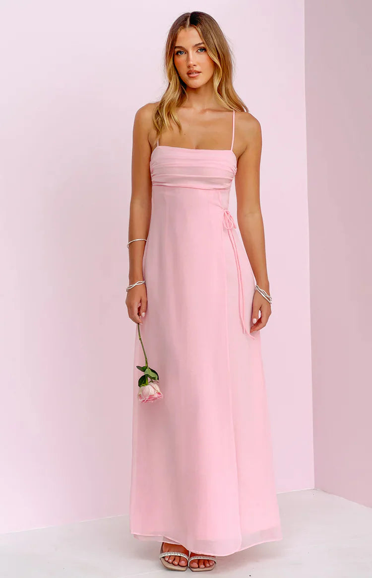 Elegant Sheath Square Neck Spaghetti Strap Tie Side Maxi Evening Dress