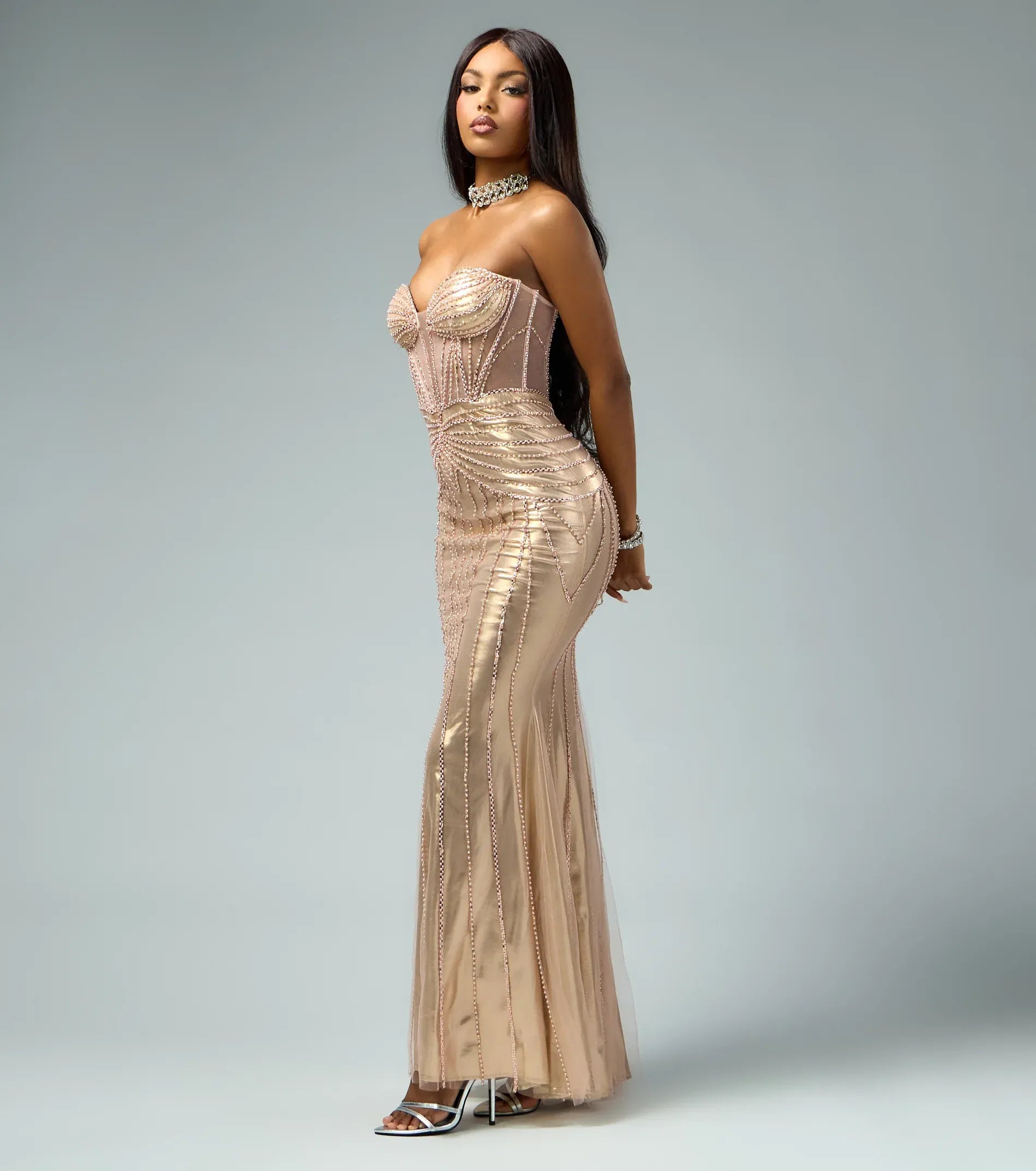 Glamorous Mermaid Strapless Tulle Pearl Beaded Sweetheart Evening Dress